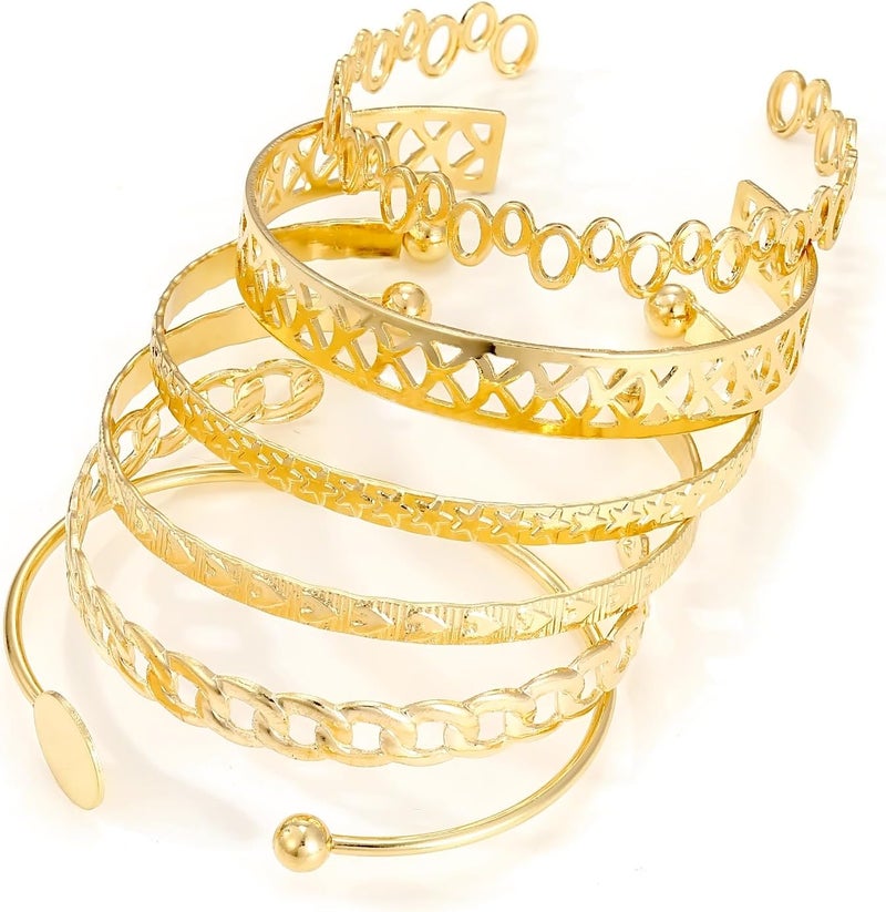 IFKM Gold Bangle Bracelets For Women, 14k Gold Plated Multi Layer Stackable Cuff Bracelet Set, Trendy Elegance Charms Non Tarnish Minimalist Textured Boho Jewelry Gift for Women - Image 1